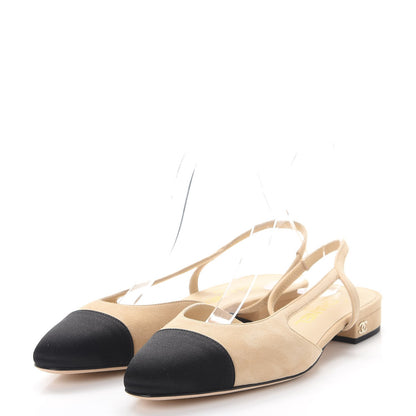 Chanel Kid Suede Satin Cap Toe CC Slingback Pumps 37.5 Beige Black 3 of 10
