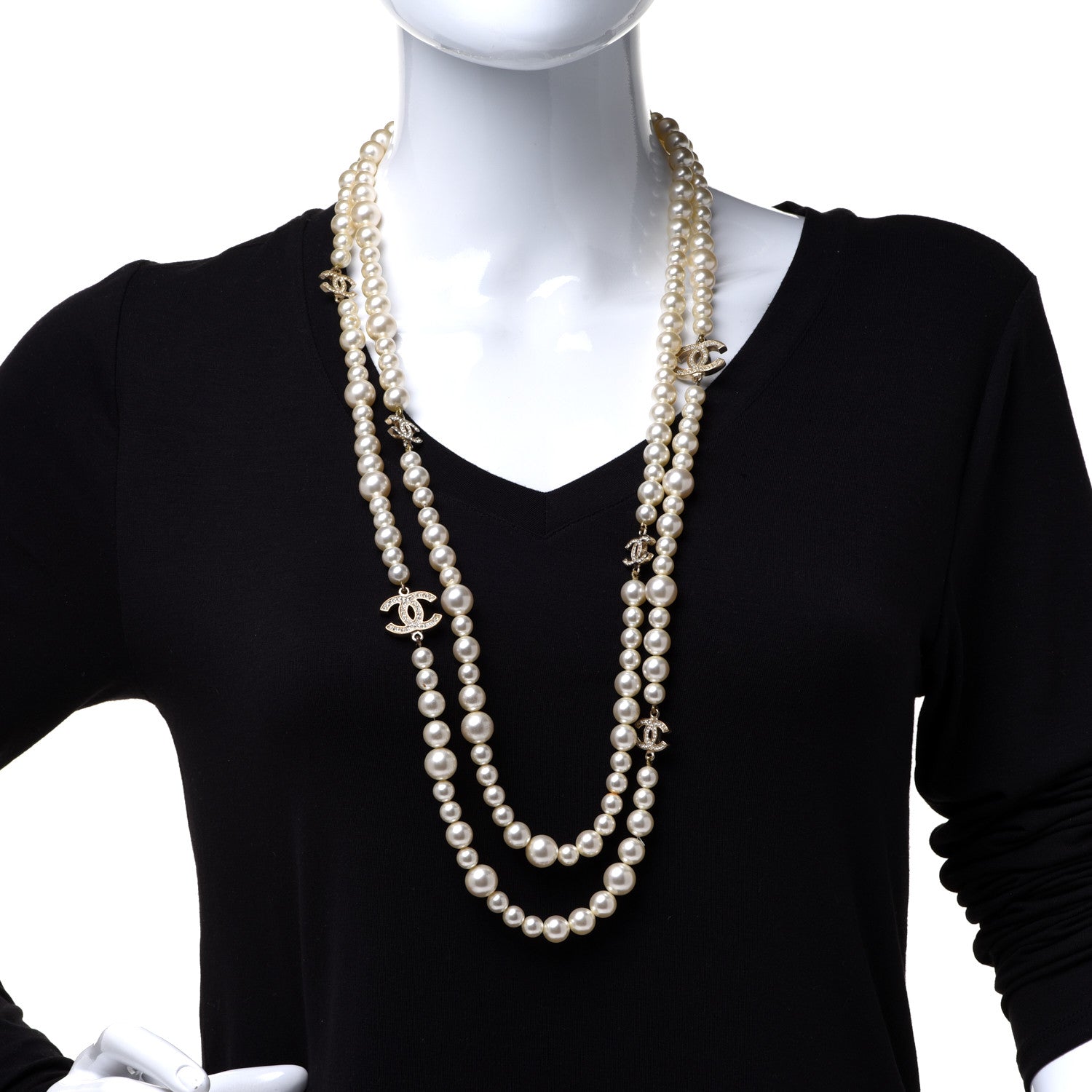 Chanel Graduated Pearl Crystal CC Long Necklace Gold 2 of 5