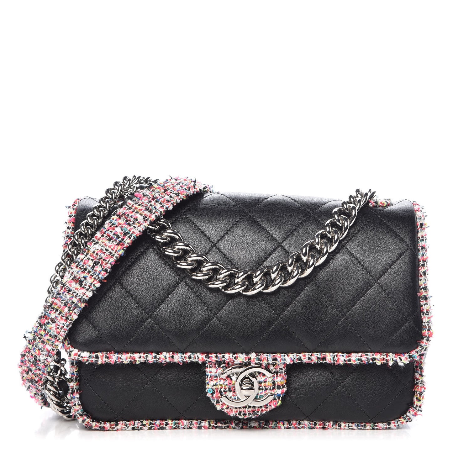 Lambskin Tweed Quilted Elegant Trim Flap Black
