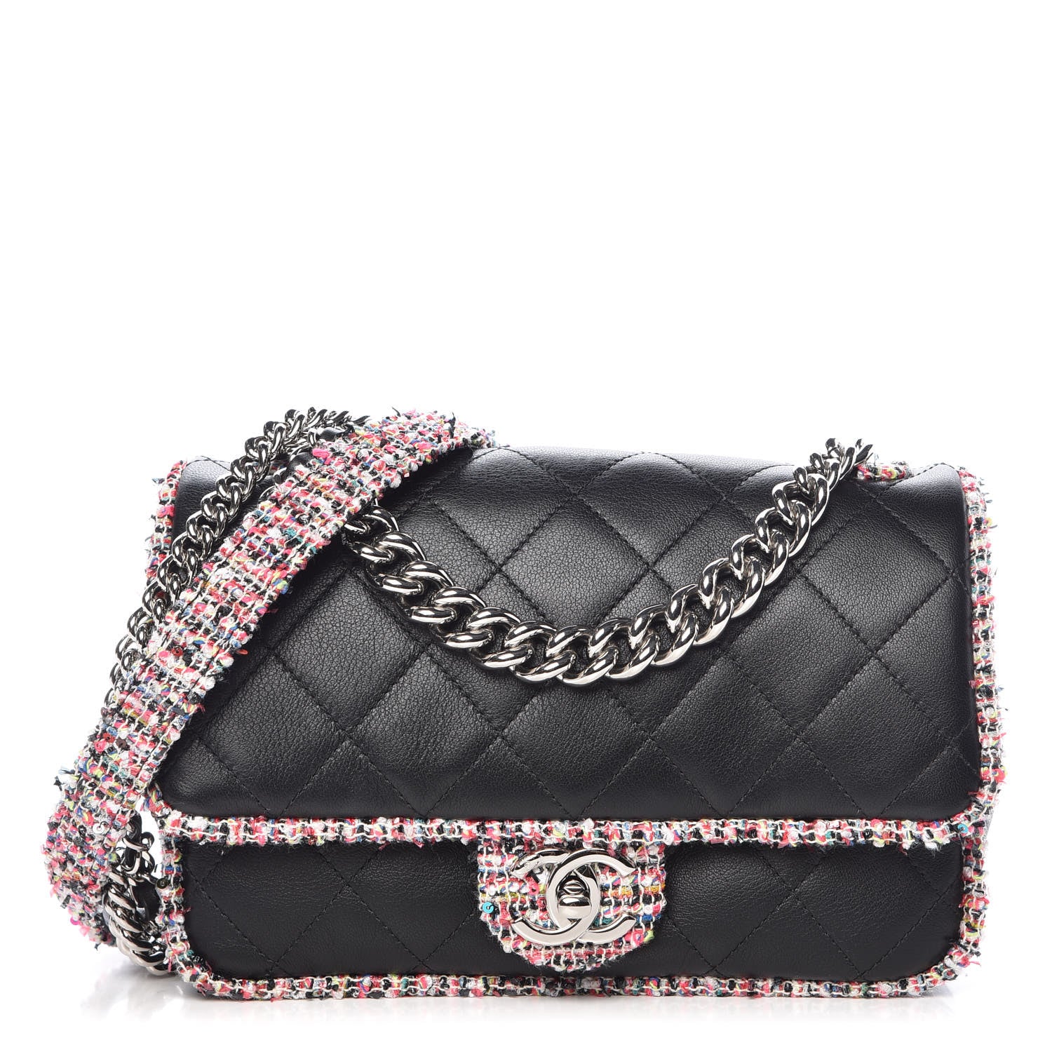 Chanel Lambskin Tweed Quilted Elegant Trim Flap Black 1 of 12