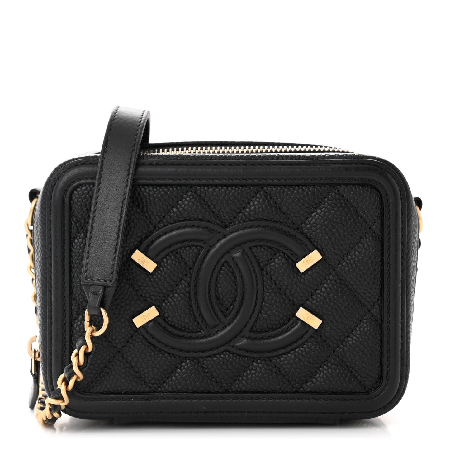 Caviar Quilted CC Filigree Vanity Clutch With Chain Black