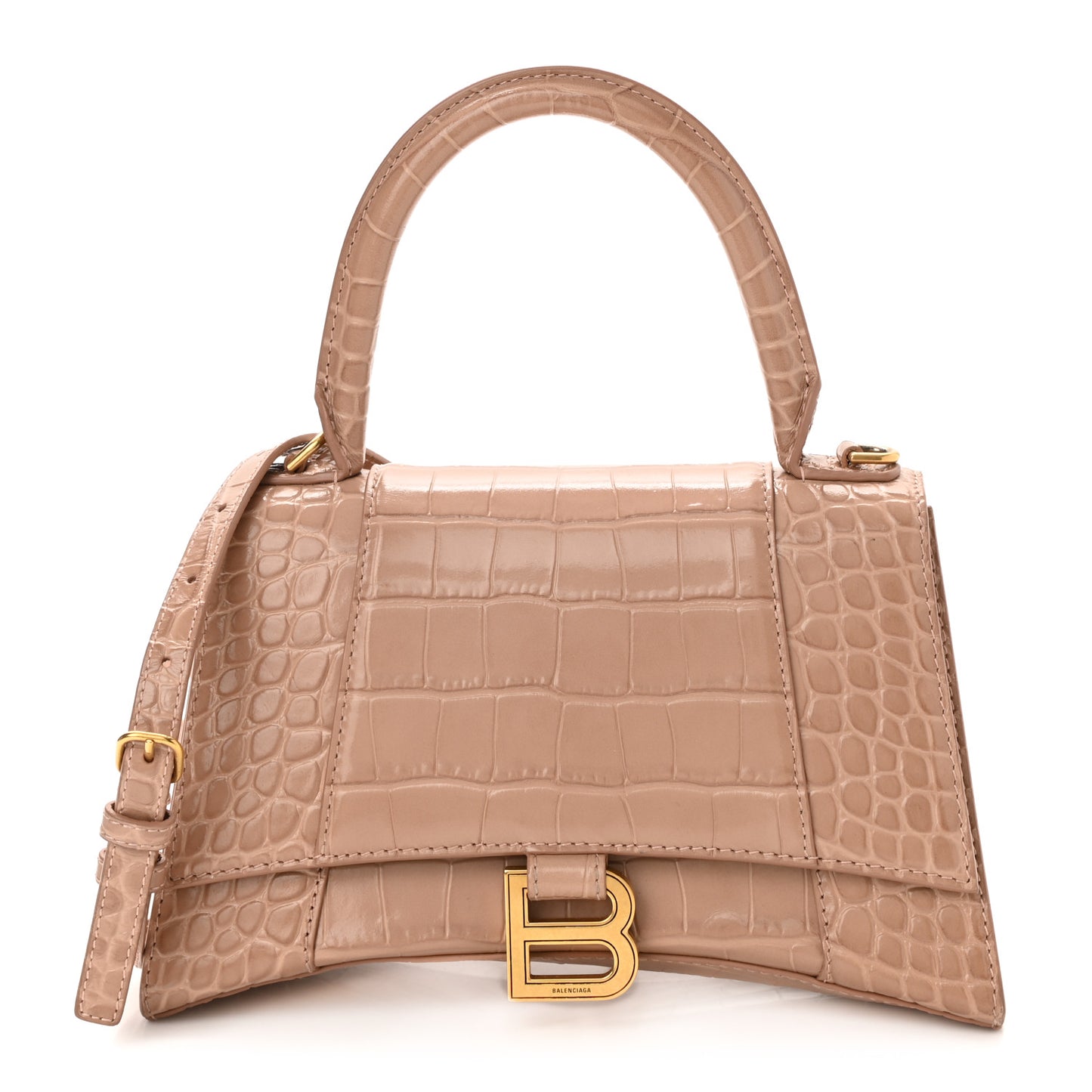 Shiny Calfskin Crocodile Embossed Small Hourglass Top Handle Bag Nude Beige