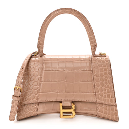 Balenciaga Shiny Calfskin Crocodile Embossed Small Hourglass Top Handle Bag Nude Beige 1 of 8
