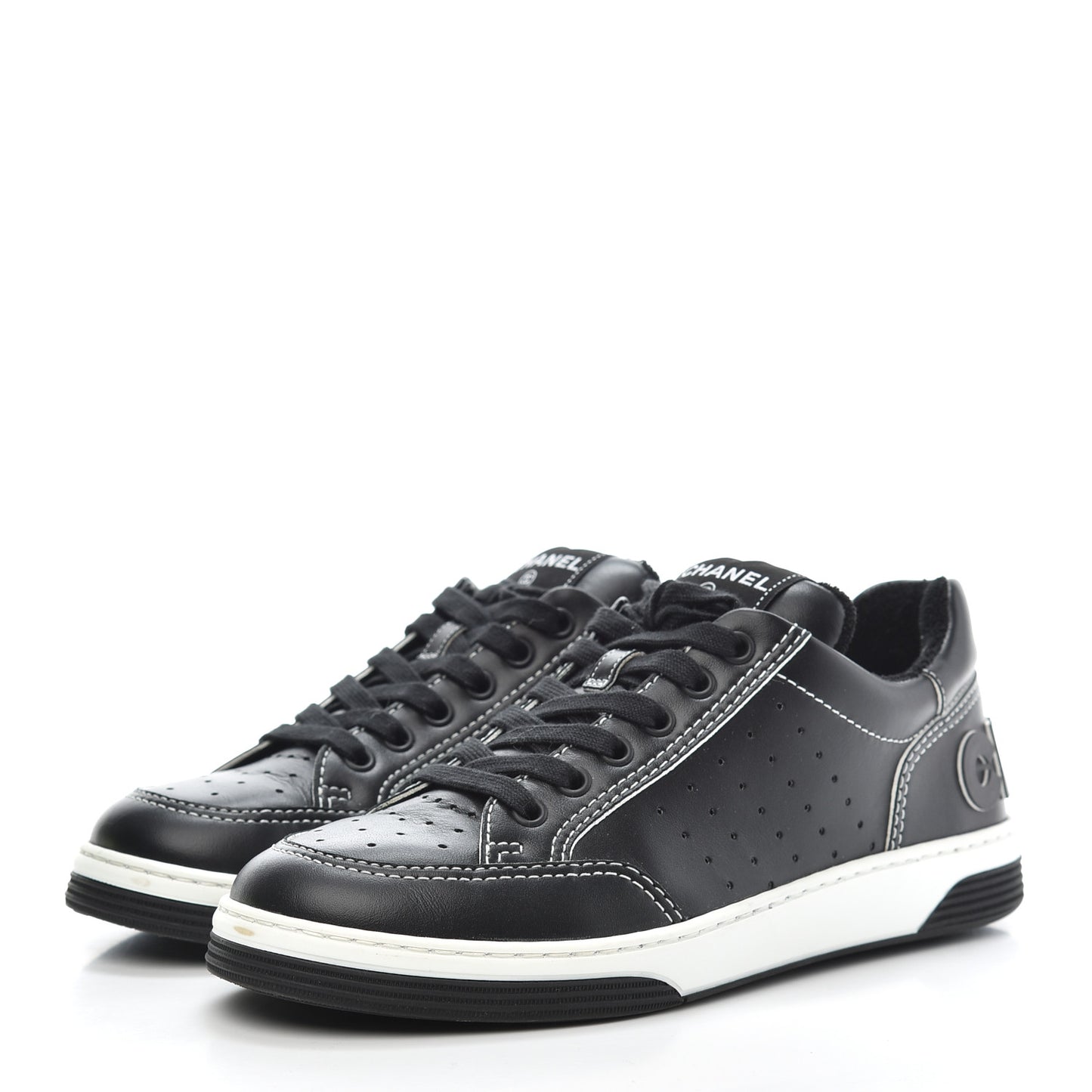Calfskin Womens Logo Sneakers 38 Black White