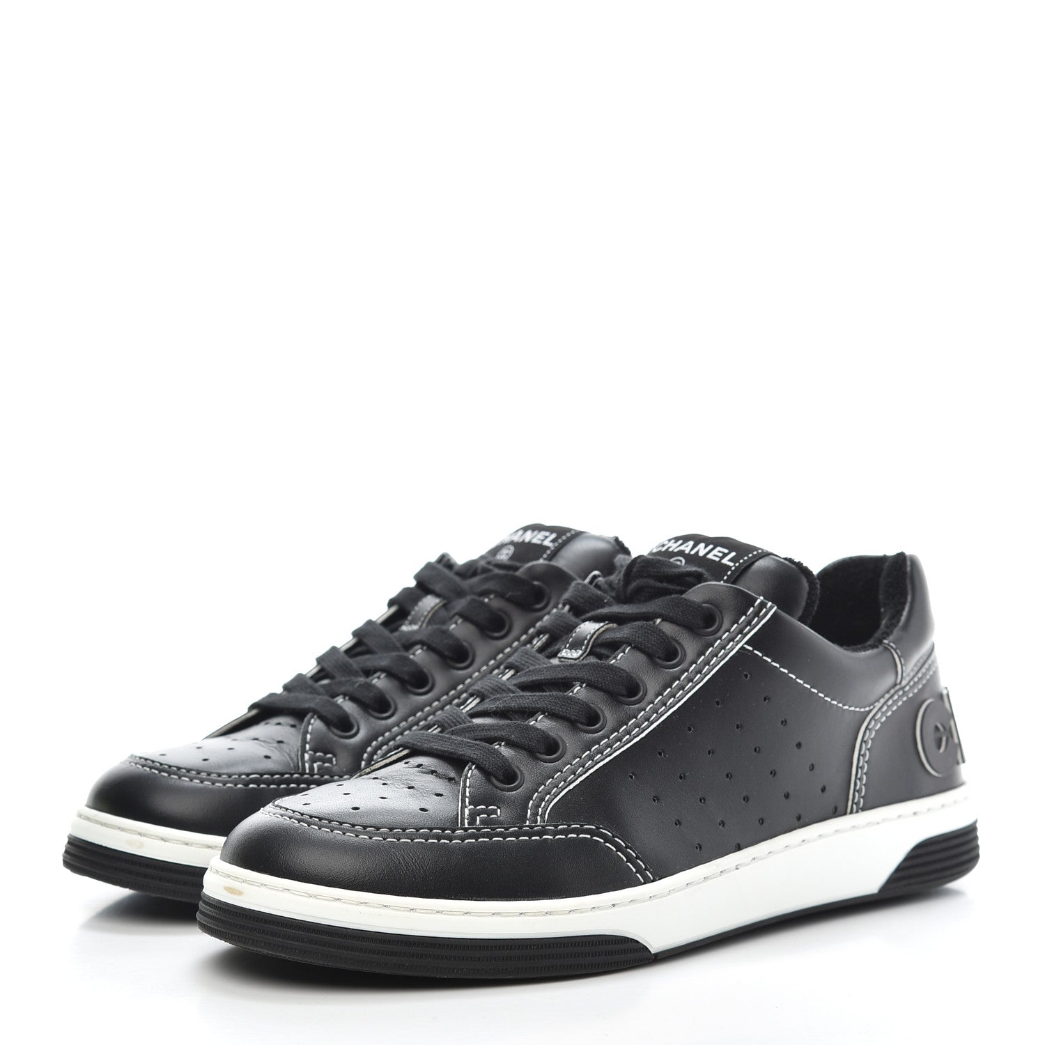 Chanel Calfskin Womens Logo Sneakers 38 Black White 3 of 8
