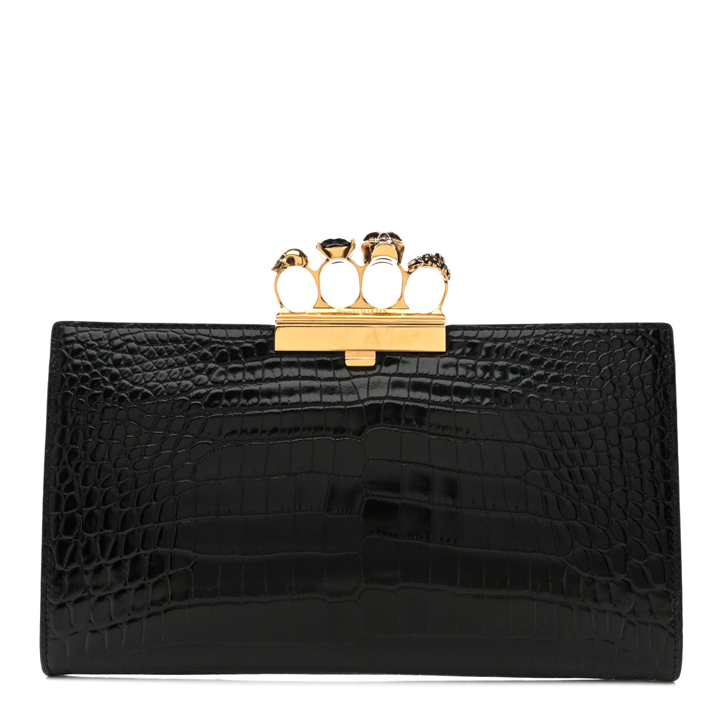 Calfskin Crocodile Embossed Knuckle Flat Clutch Black Gold