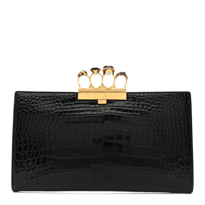 Alexander McQueen Calfskin Crocodile Embossed Knuckle Flat Clutch Black Gold 1 of 10