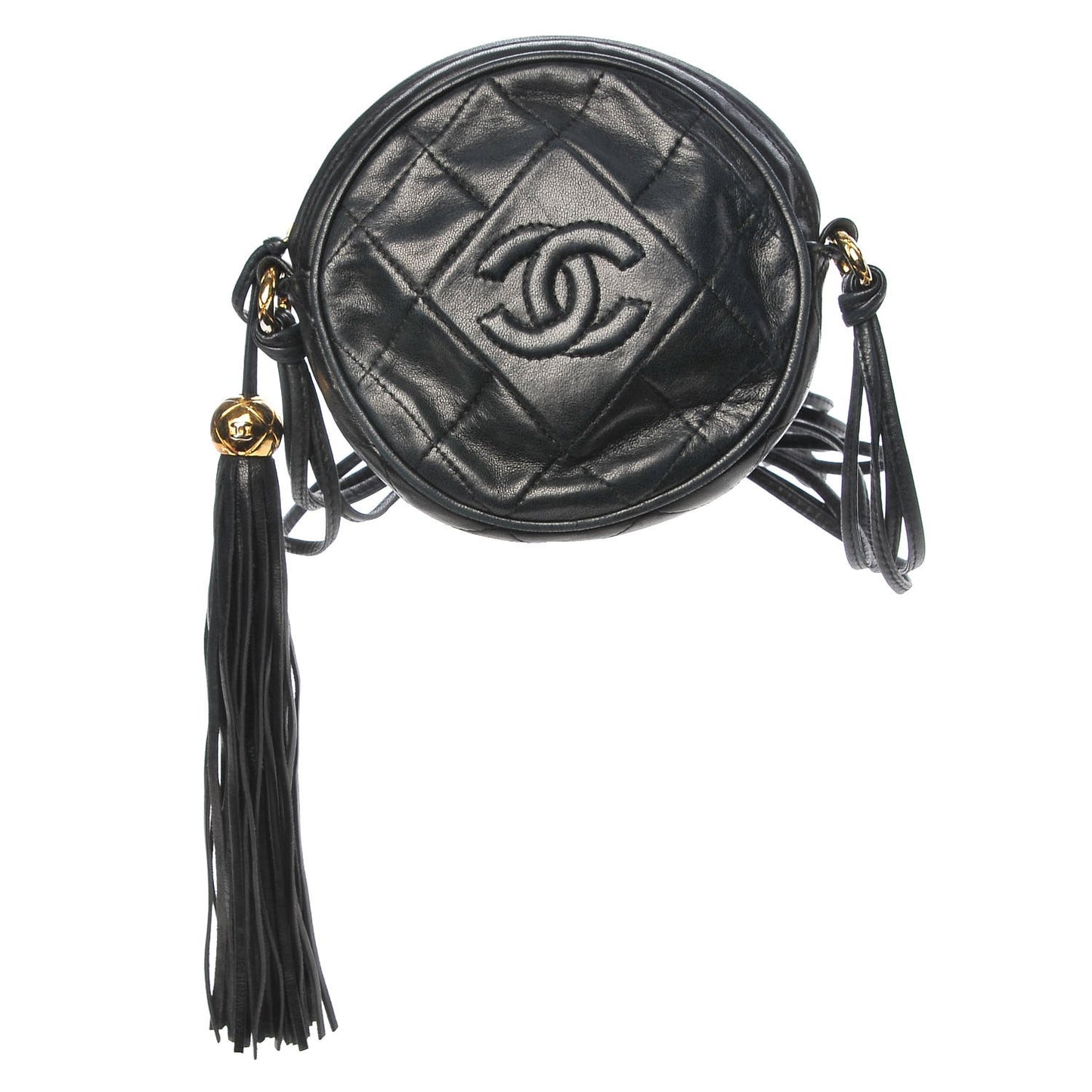 Lambskin Quilted Round Tassel Crossbody Bag Black