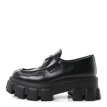 Prada Spazzolato Rois Metal Triangle Logo Monolith 55mm Loafers 40 Black 1 of 9