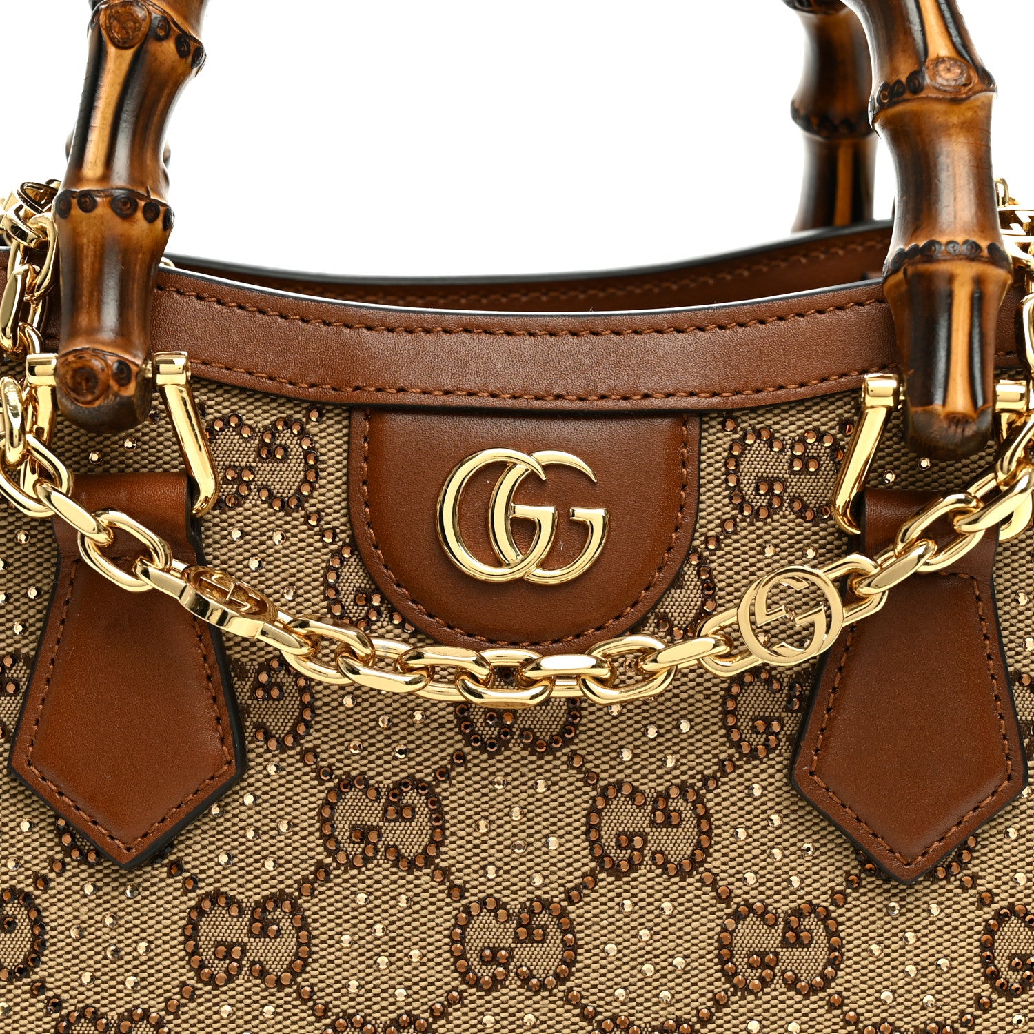 Gucci New Canvas Charisma Calfskin Crystal GG Monogram Mini Diana Tote Bag Camel Ebony 7 of 10