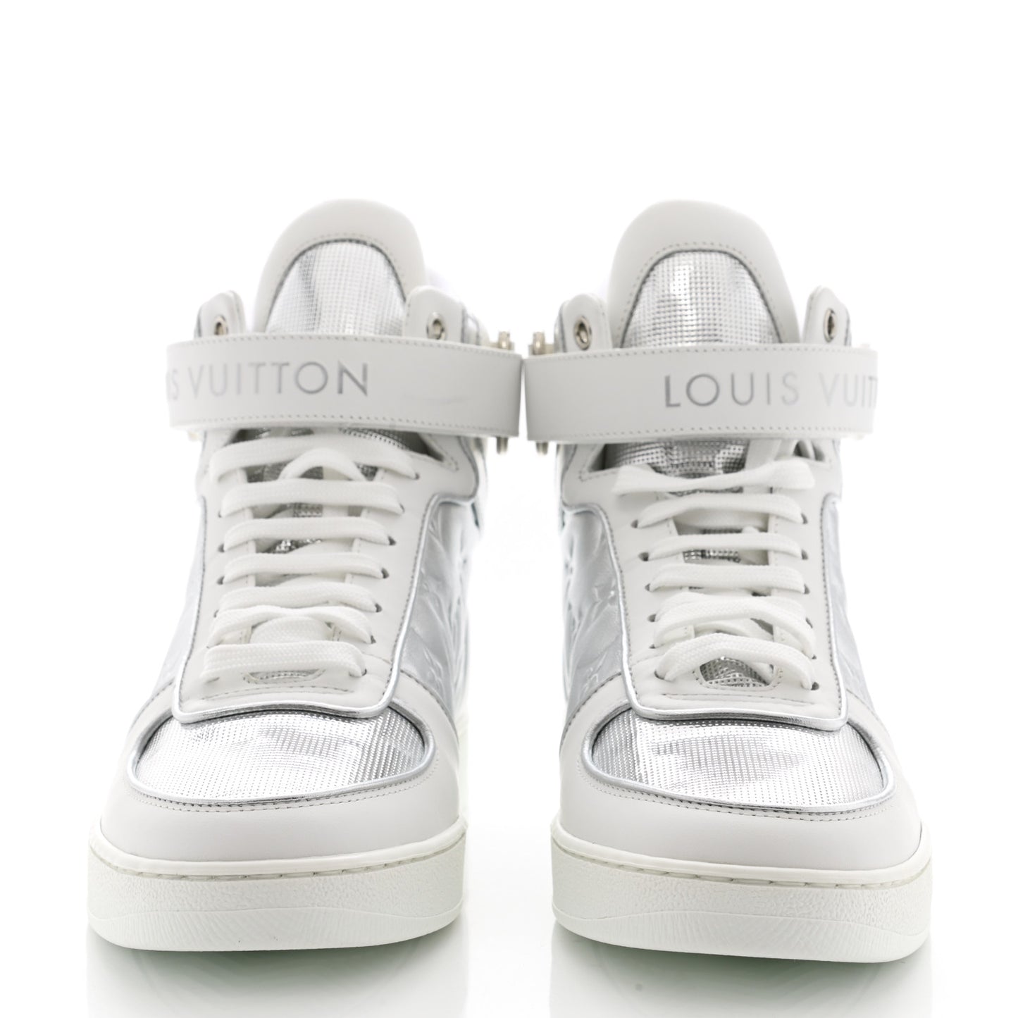 Metallic Calfskin Embossed Monogram Boombox Sneakers 36.5 White Silver
