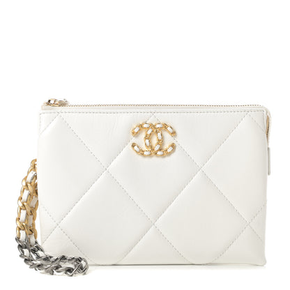 Chanel Shiny Goatskin Quilted Chanel 19 Small Pouch With Handle White 1 of 8