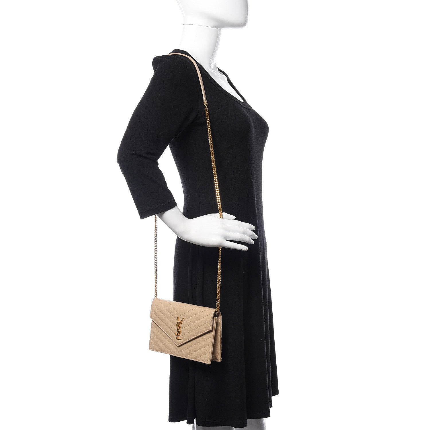 Saint Laurent Grain De Poudre Matelasse Chevron Monogram Envelope Chain Wallet Nude Powder 2 of 9