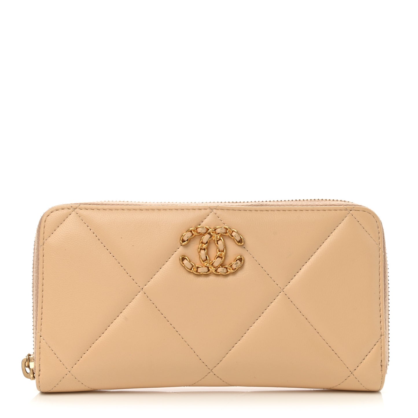 Shiny Goatskin Quilted 19 Long Zipped Around Wallet Beige