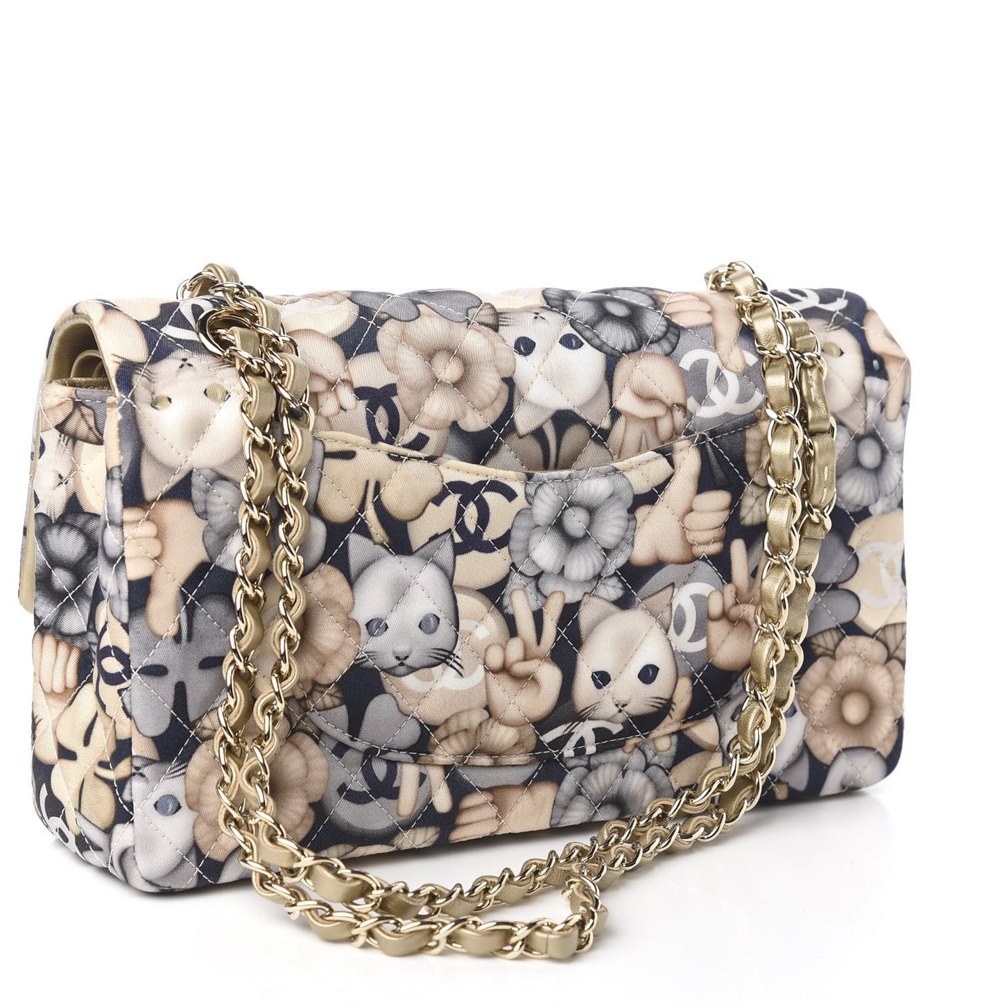 Nylon Quilted Medium Cat Emoticon Double Flap Navy Gold
