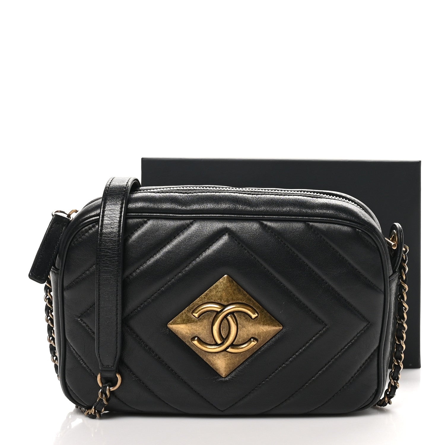 Chanel Lambskin Chevron Quilted Pyramid CC Camera Case Black 11 of 11