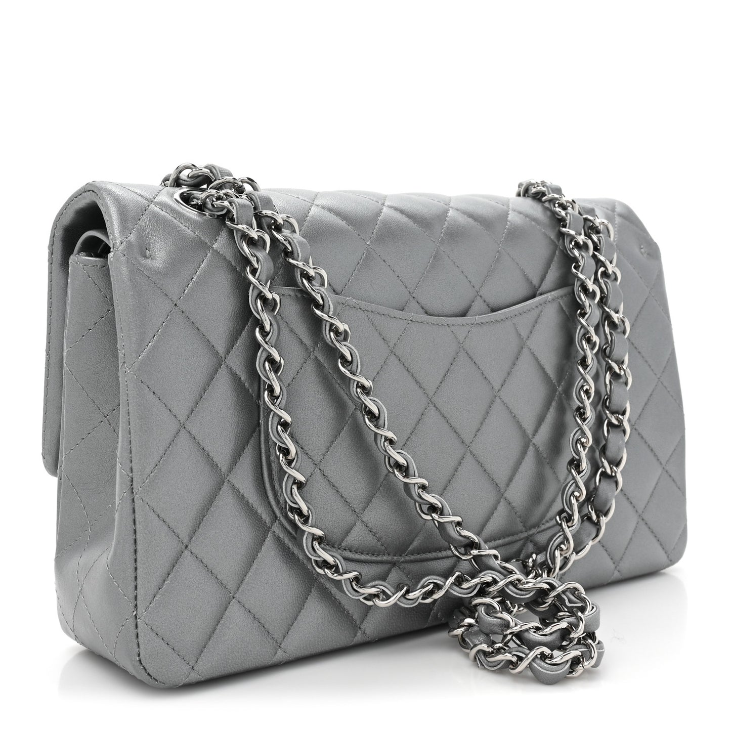 Metallic Lambskin Quilted Medium Double Flap Silver