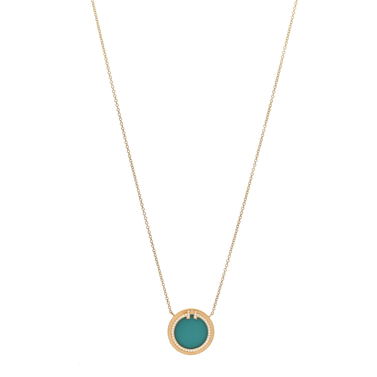 Tiffany 18K Yellow Gold Diamond Turquoise T Circle Pendant Necklace 1 of 14