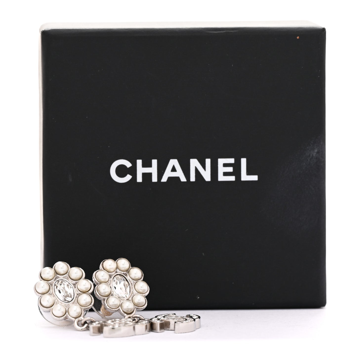Crystal Pearl Coco Mark CC Drop Earrings Silver