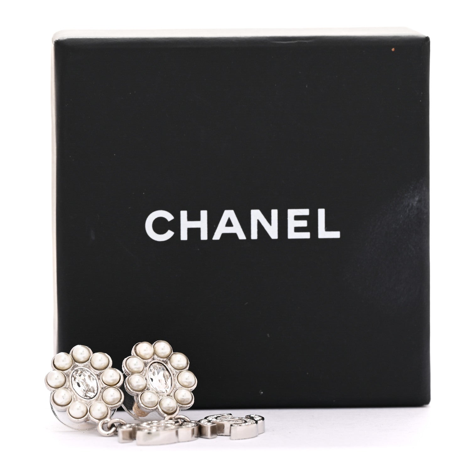 Chanel Crystal Pearl Coco Mark CC Drop Earrings Silver 5 of 5