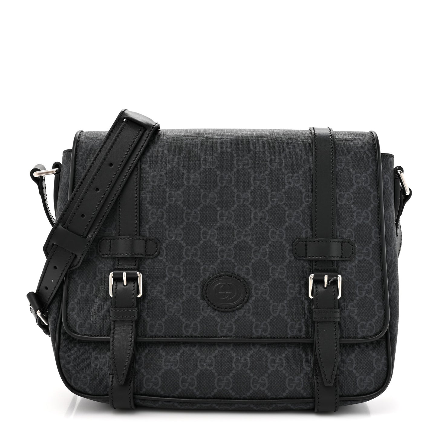 GG Supreme Monogram Textured Dollar Calfskin Retro Interlocking G Flap Messenger Bag Black