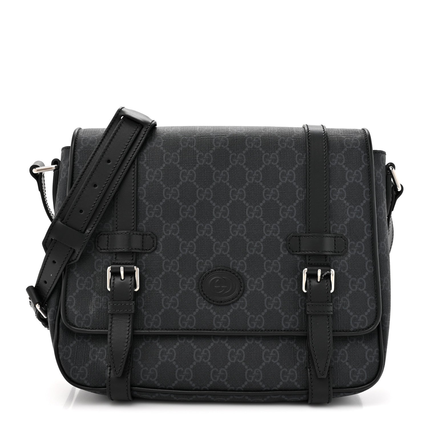 Gucci GG Supreme Monogram Textured Dollar Calfskin Retro Interlocking G Flap Messenger Bag Black 1 of 12