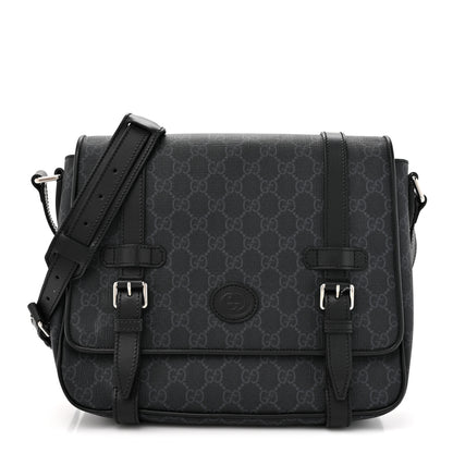 Gucci GG Supreme Monogram Textured Dollar Calfskin Retro Interlocking G Flap Messenger Bag Black 1 of 12