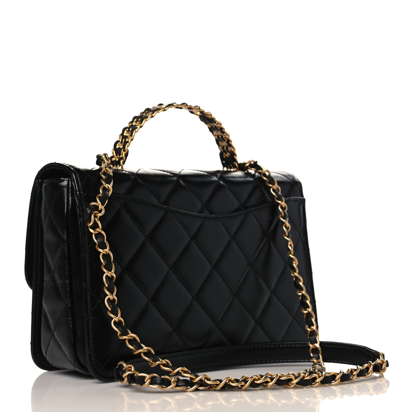 Shiny Calfskin Quilted Small Chain Top Handle Flap Black