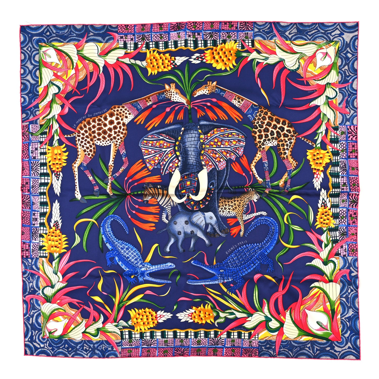 Hermes Silk La Marche Du Zambeze Scarf 90 Indigo Rose Vif Multicolor 1 of 3