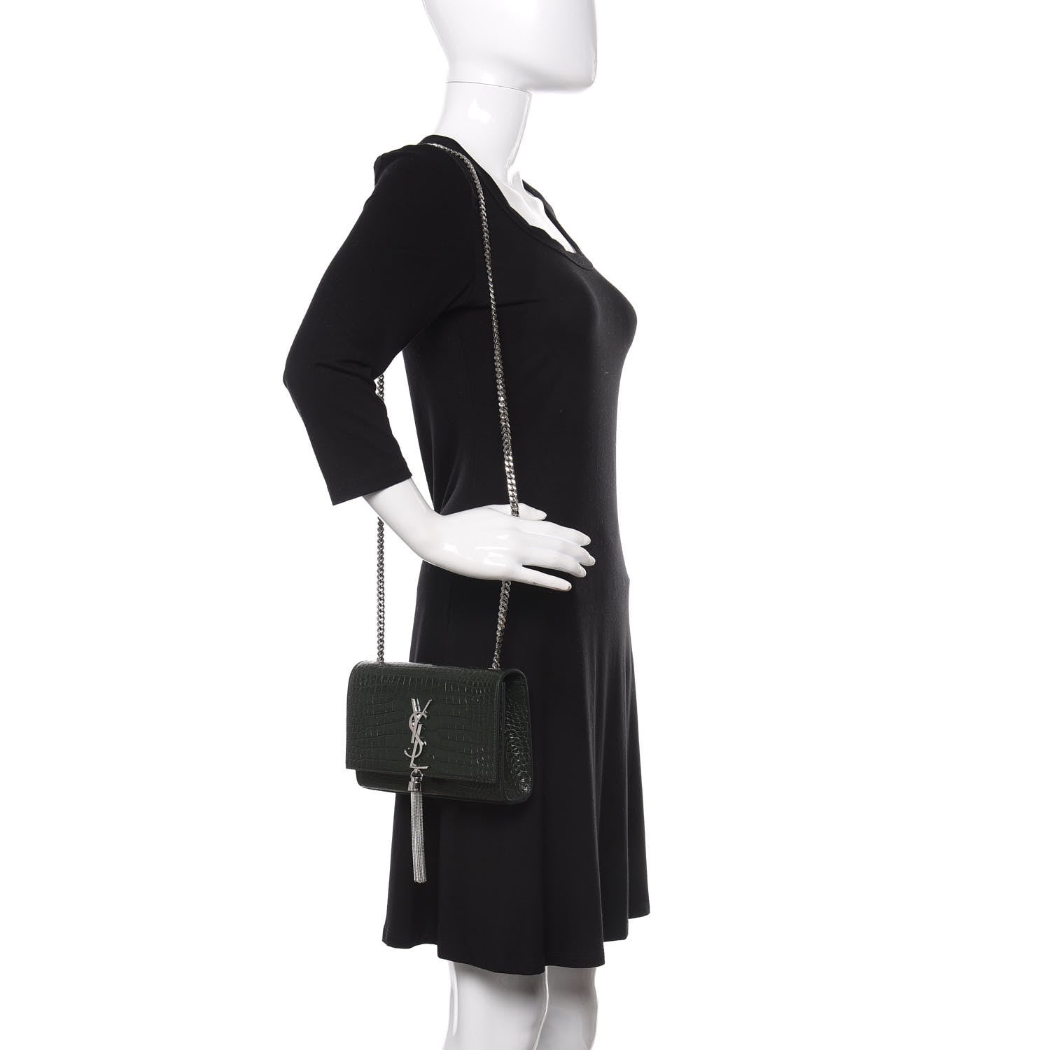 Saint Laurent Calfskin Crocodile Embossed Small Classic Monogram Kate Tassel Satchel Dark Green 2 of 8
