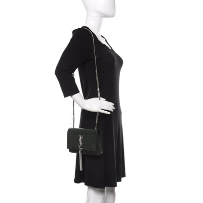 Saint Laurent Calfskin Crocodile Embossed Small Classic Monogram Kate Tassel Satchel Dark Green 2 of 8