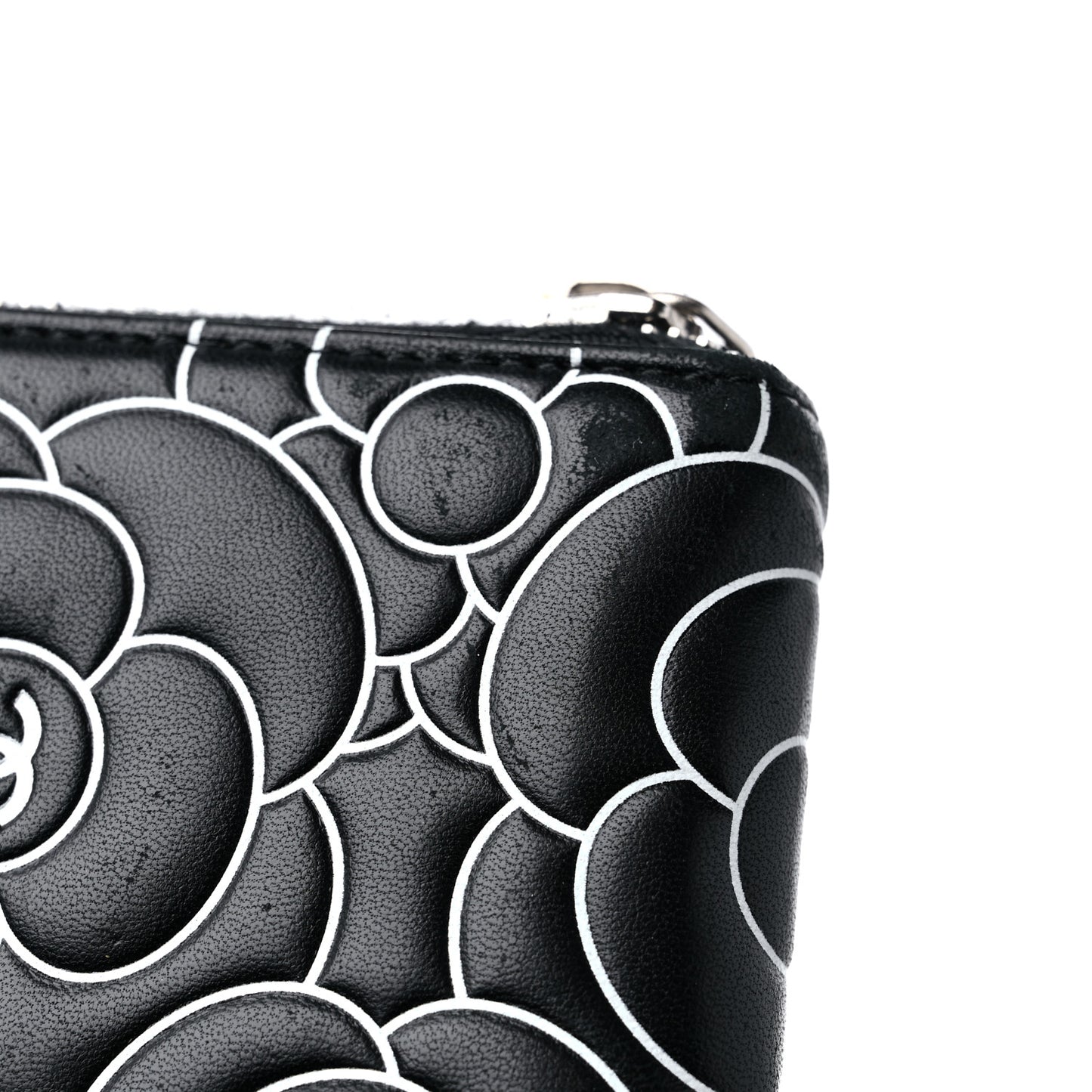 Lambskin Camellia Embossed Large Zip Around Gusset Wallet Black White