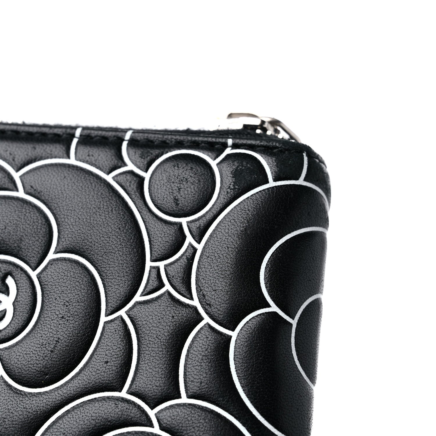 Chanel Lambskin Camellia Embossed Large Zip Around Gusset Wallet Black White 16 of 18
