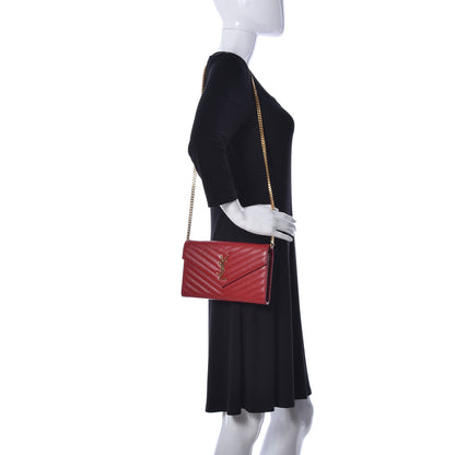 Saint Laurent Grain De Poudre Matelasse Chevron Monogram Chain Wallet New Red 2 of 10