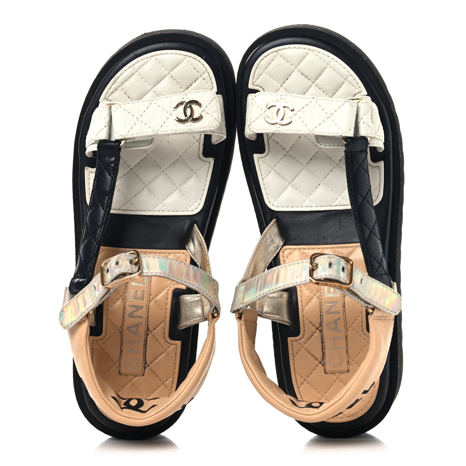 Chanel Lambskin Logo Platform Sandals 38.5 Beige Gold White 2 of 9