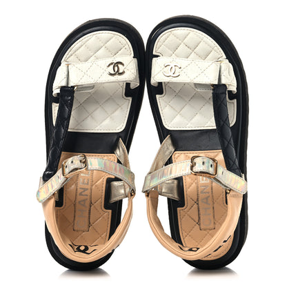 Chanel Lambskin Logo Platform Sandals 38.5 Beige Gold White 2 of 9