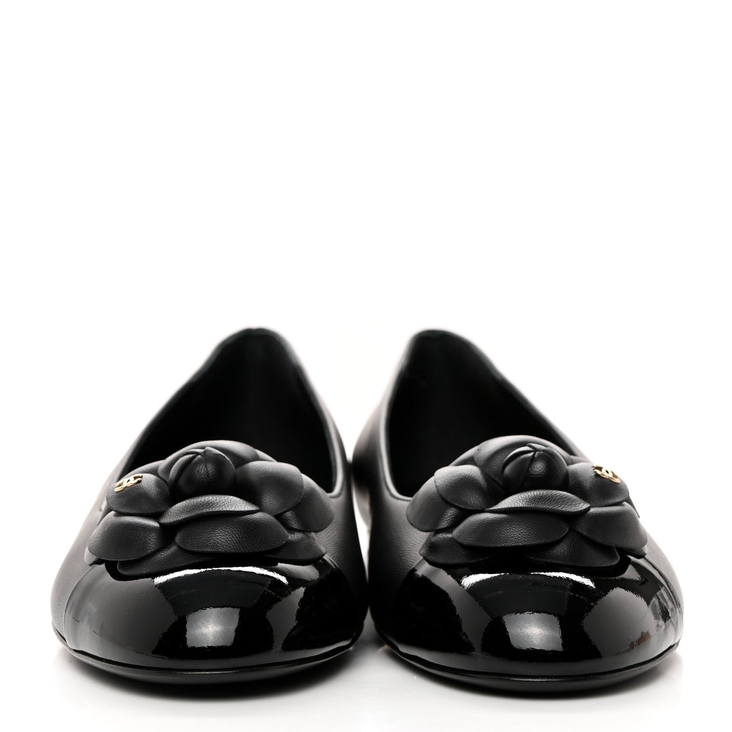 Lambskin Patent Cap Toe Camellia Ballerina Flats 41 Black