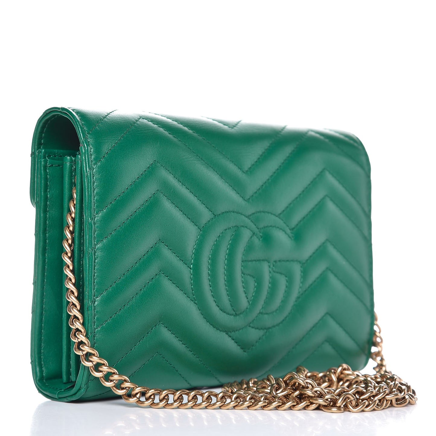 Calfskin Matelasse GG Marmont Chain Wallet Emerald Green