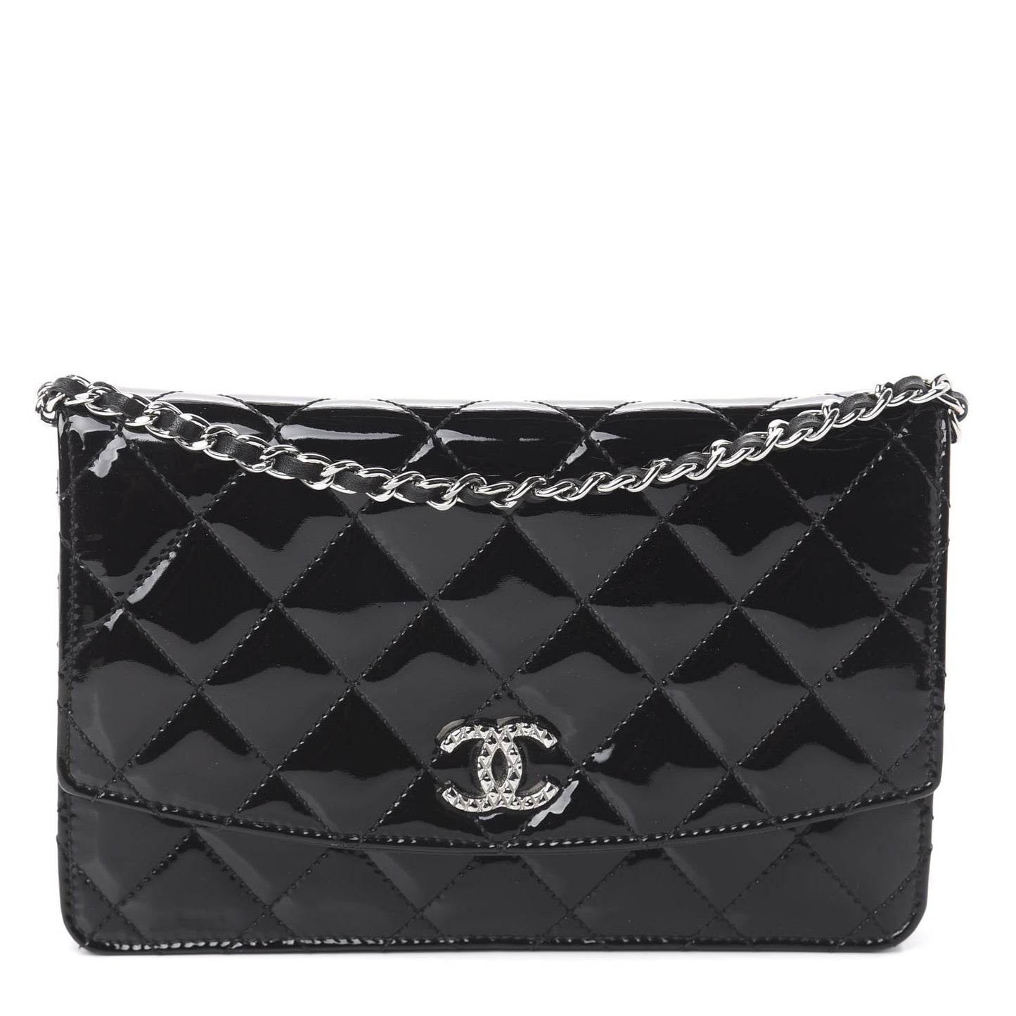 Patent Quilted Brilliant Wallet On Chain WOC Black