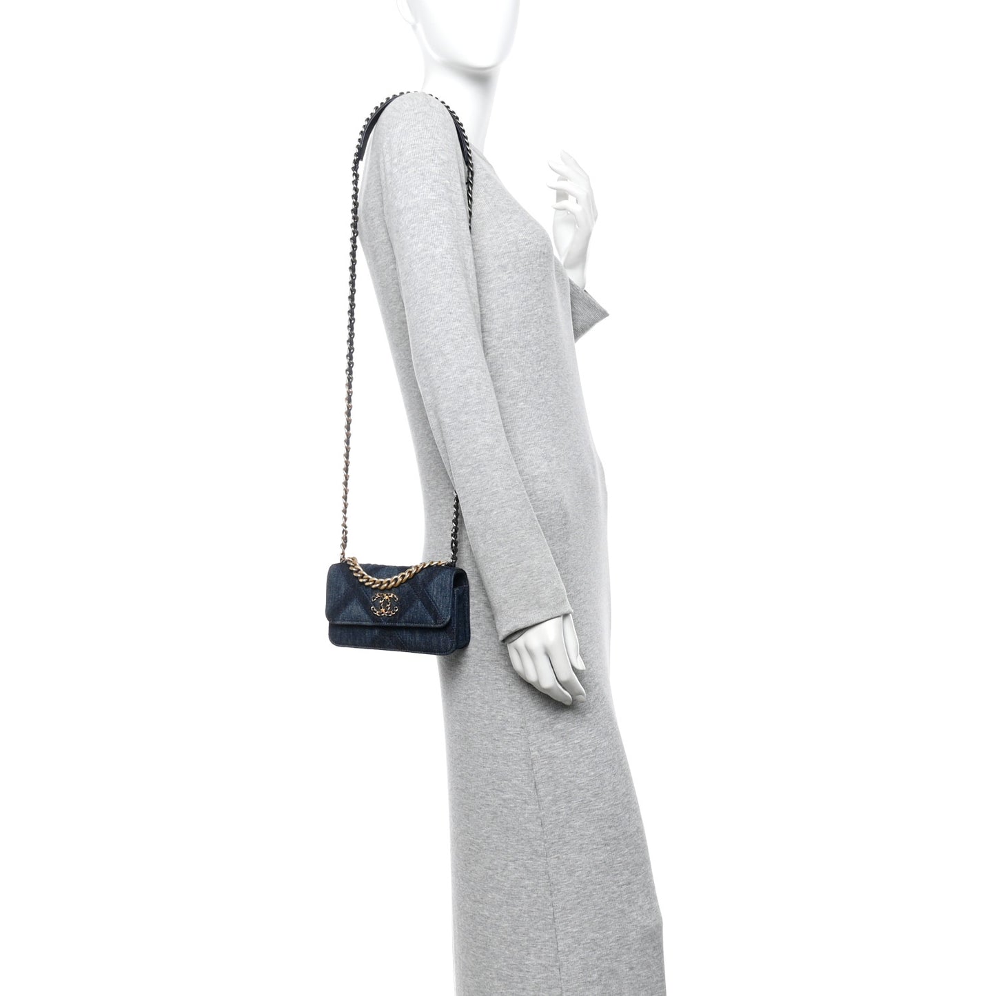 Denim Quilted Chanel 19 Flap Phone Holder With Chain Blue