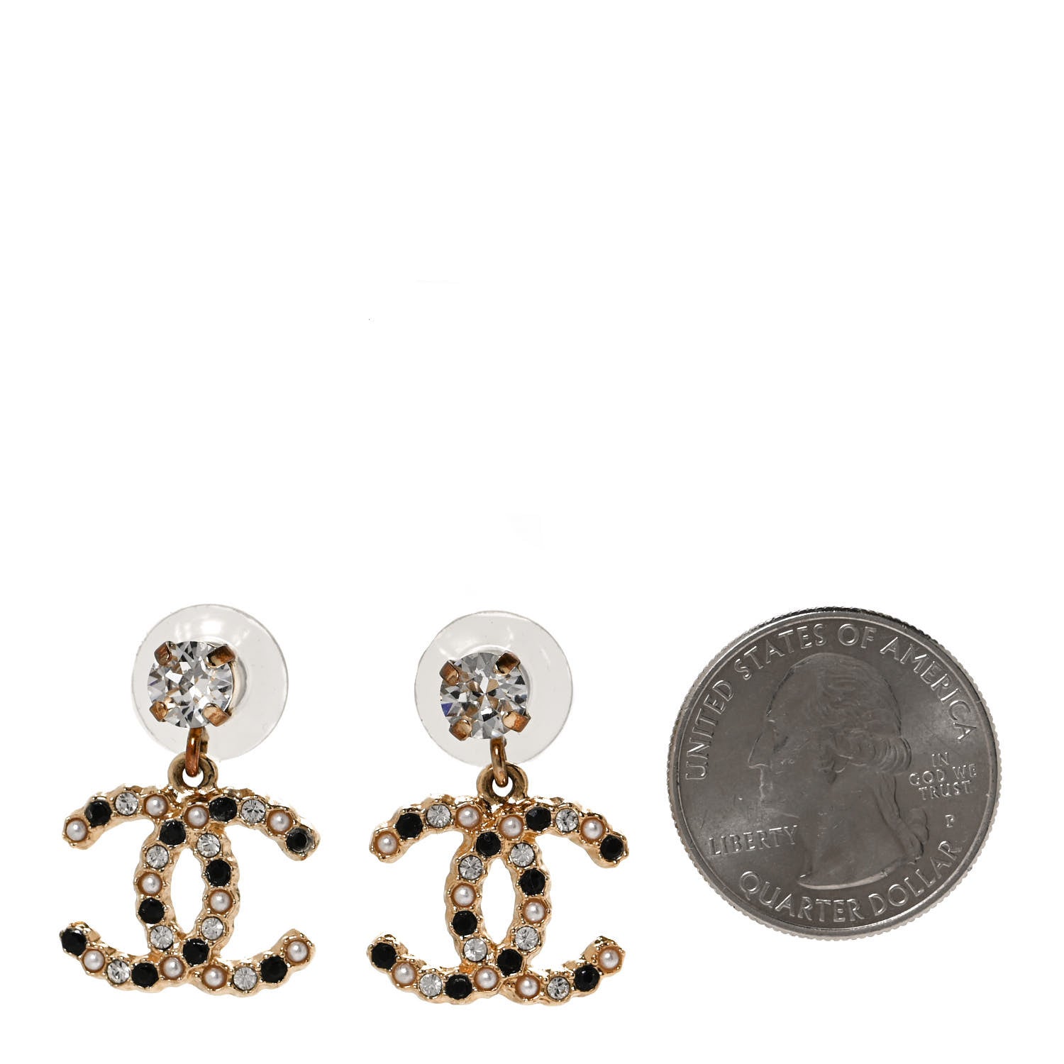 Chanel Resin Crystal Pearl CC Drop Earrings Gold Black 2 of 5