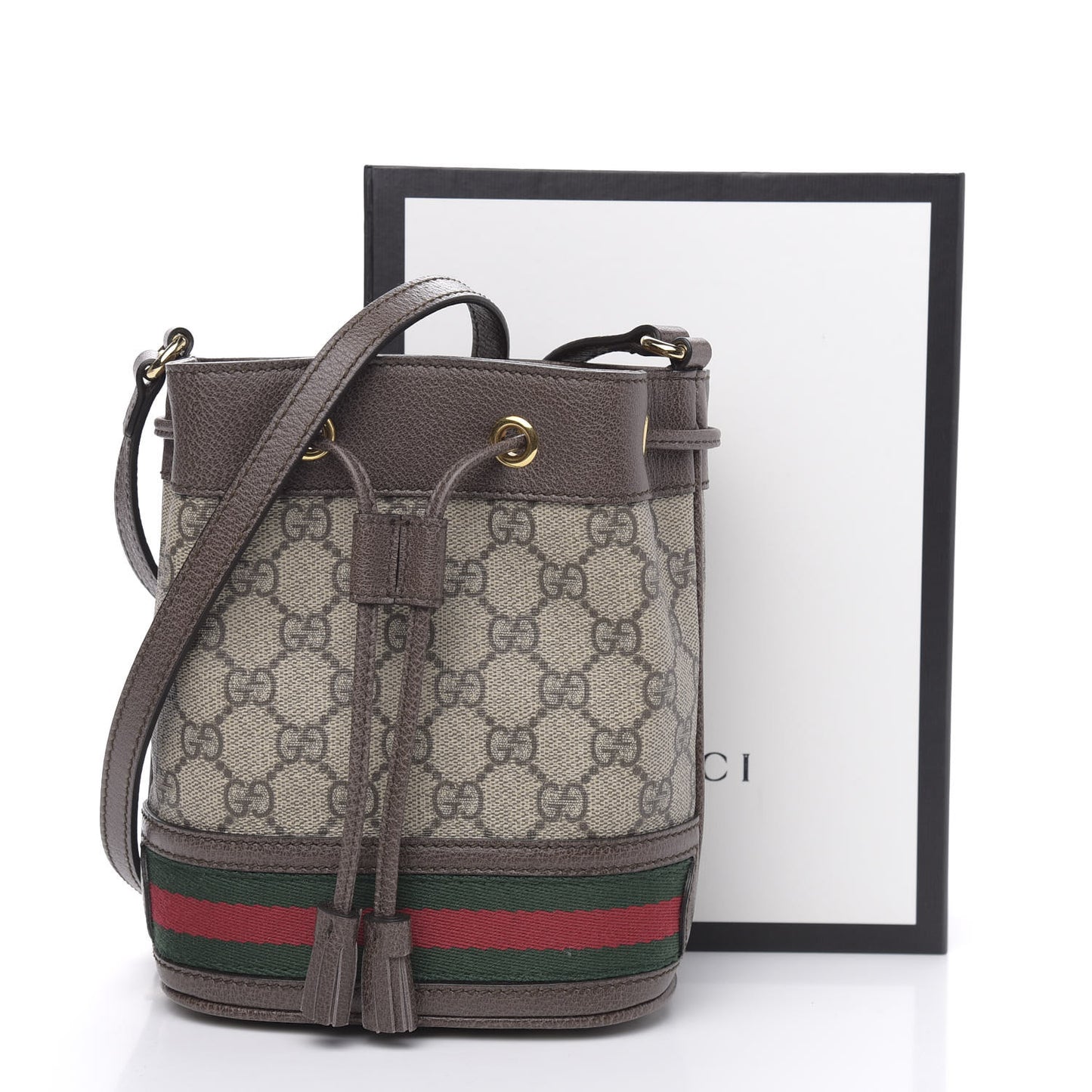 GG Supreme Monogram Web Mini Ophidia Bucket Bag Brown