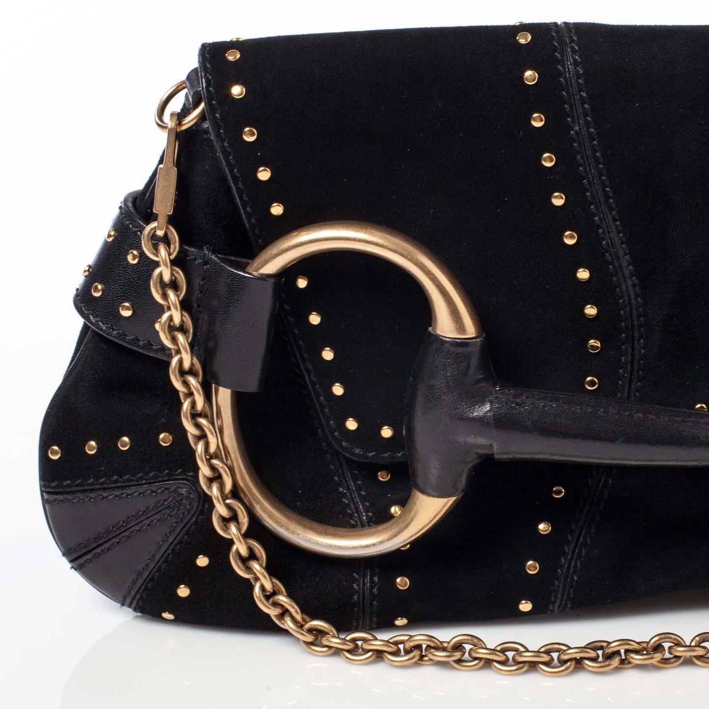 Suede Studded Horsebit Clutch Bag Black