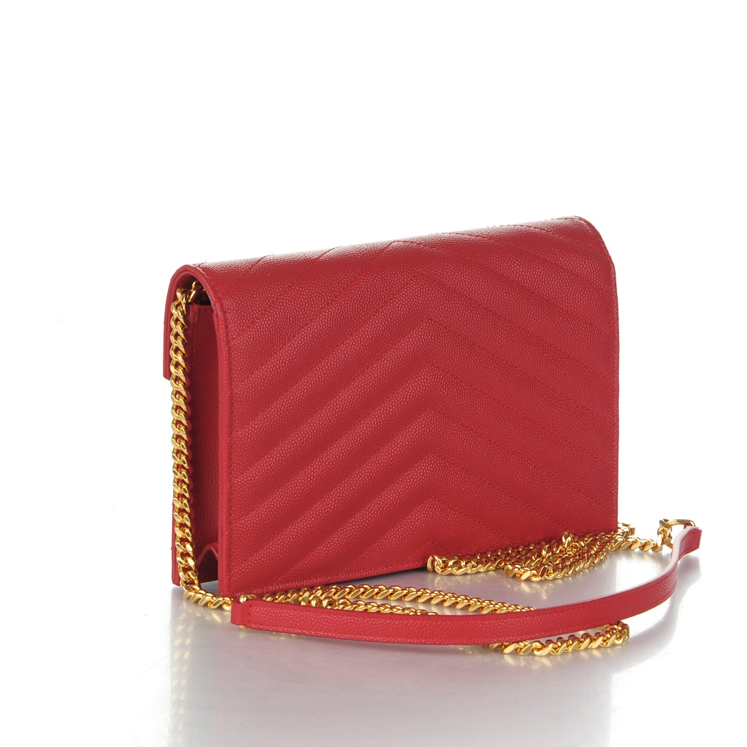 Saint Laurent Grain De Poudre Matelasse Chevron Monogram Envelope Chain Wallet New Red 3 of 7