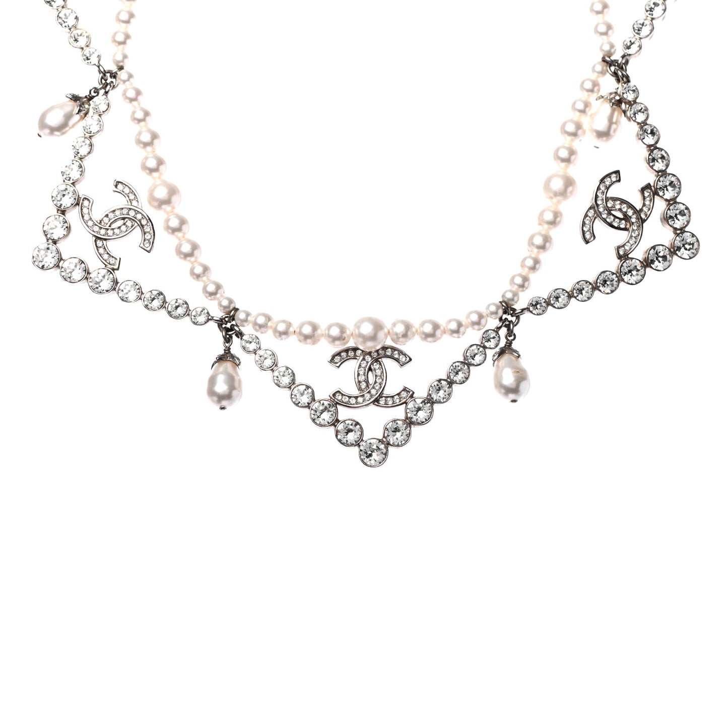 Crystal Pearl CC Choker Necklace Silver