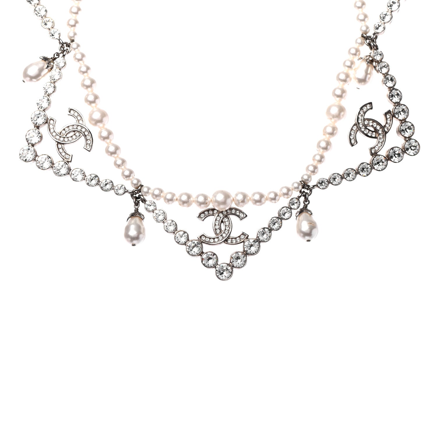 Chanel Crystal Pearl CC Choker Necklace Silver 1 of 5