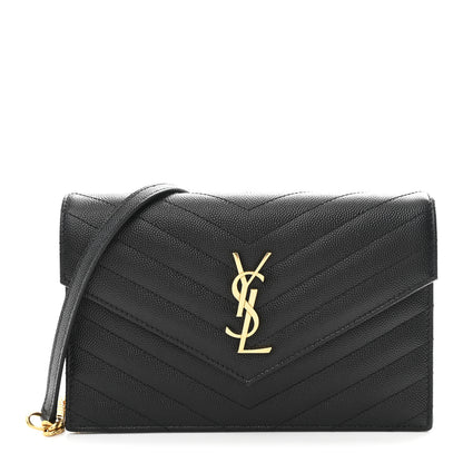 Saint Laurent Grain De Poudre Matelasse Chevron Monogram Envelope Chain Wallet Black 1 of 10