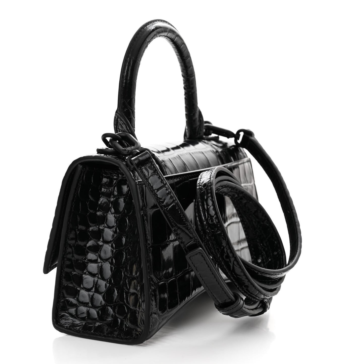 Shiny Calfskin Strass Monochrome Crocodile Embossed Hourglass Top Handle Bag XS Black