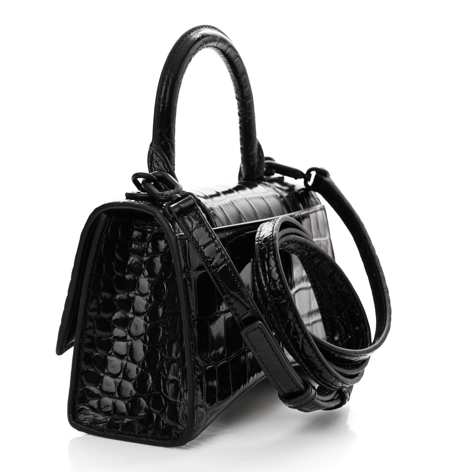 Balenciaga Shiny Calfskin Strass Monochrome Crocodile Embossed Hourglass Top Handle Bag XS Black 3 of 13