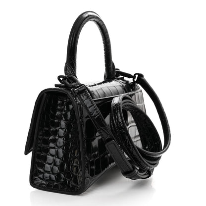 Balenciaga Shiny Calfskin Strass Monochrome Crocodile Embossed Hourglass Top Handle Bag XS Black 3 of 13